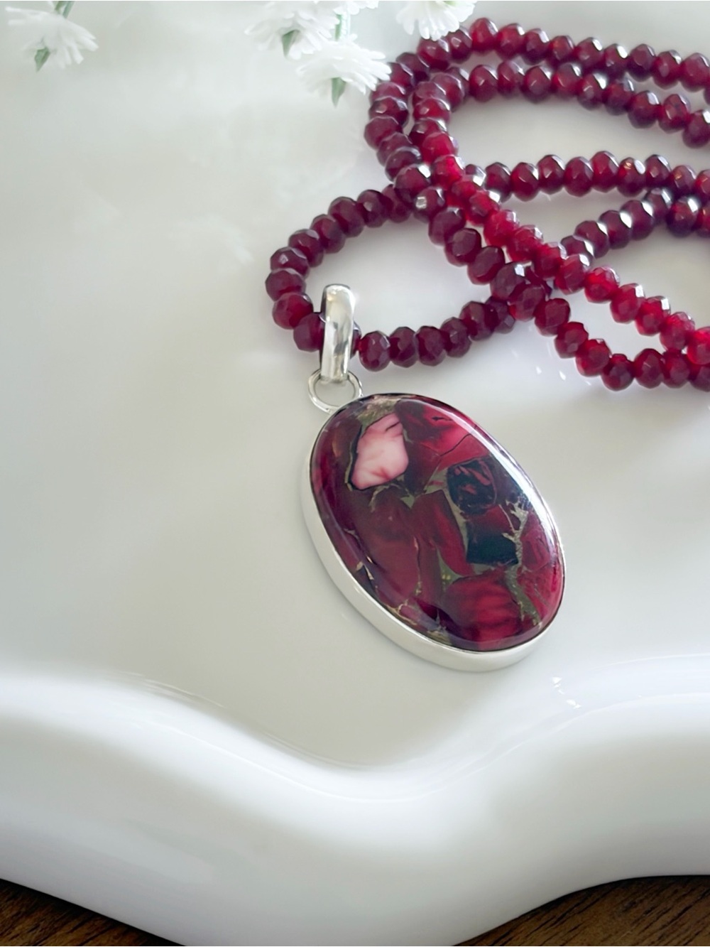 Sterling Silver 925 Red Rose Dahlia Kingman Turquoise Pendant Garnet Necklace
